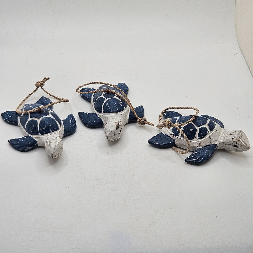 Set of 3 Rustic Wood Sea Turtle Ornaments Blue White Coastal Nautical Decor